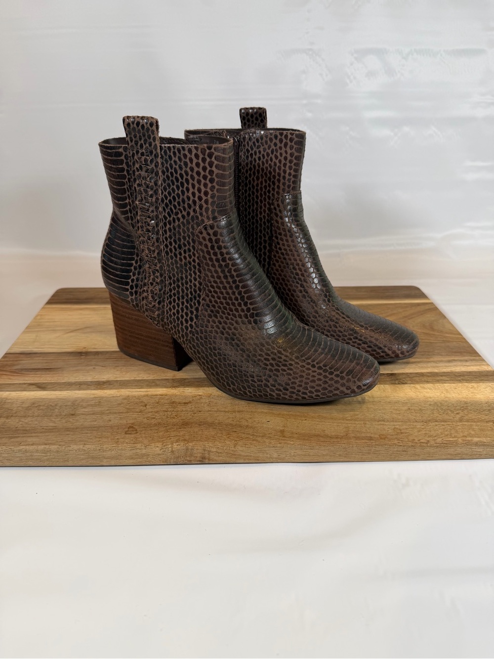 Korks Ankle Boots Leyland Brown Leather Snake Skin Stacked Heel Size 7.5
